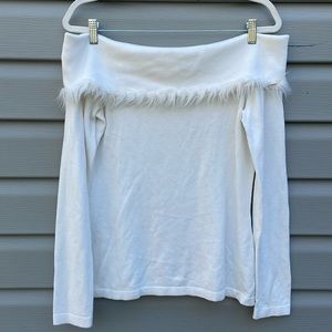 White Fur Trim Off the Shoulder Sweater
